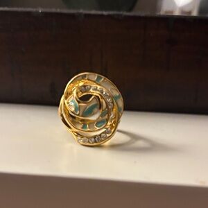 Gold-Tone Floral Swirl Ring with Turquoise Enamel and Crystal Accents